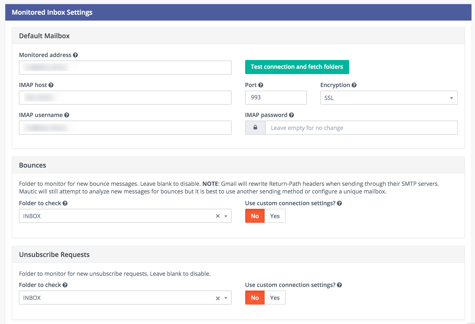 Monitored inbox settings Monitored inbox settings
