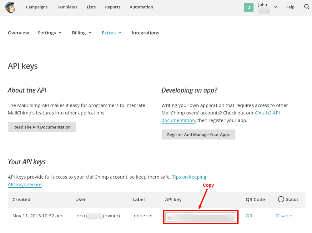 MailChimp - copy the API Key MailChimp - copy the API Key