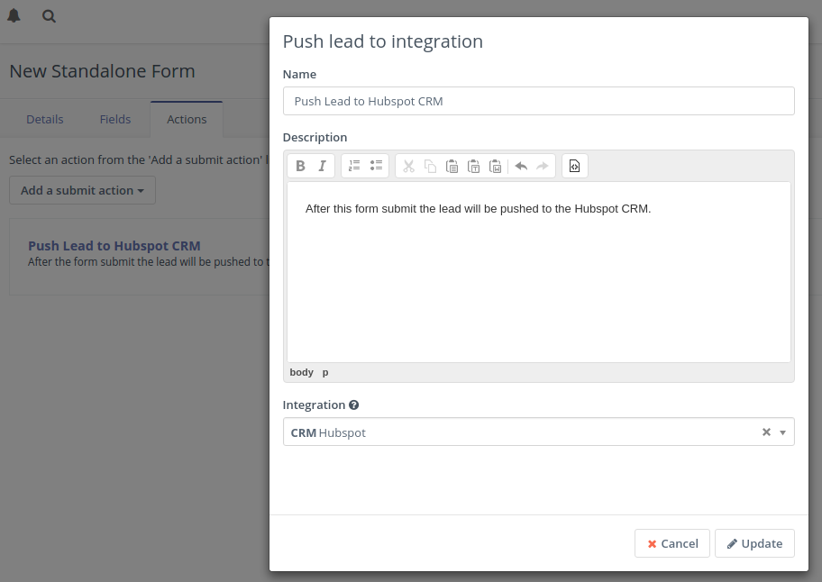 Push to Hubspot CRM form action Push to Hubspot CRM form action